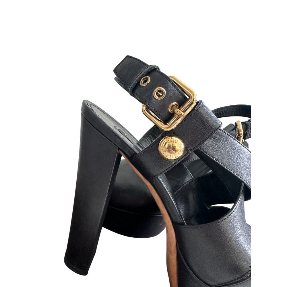 LOUIS VUITTON Wide Strappy Black Leather Platform Heels Size 37 / US 7 - Picture 9 of 12